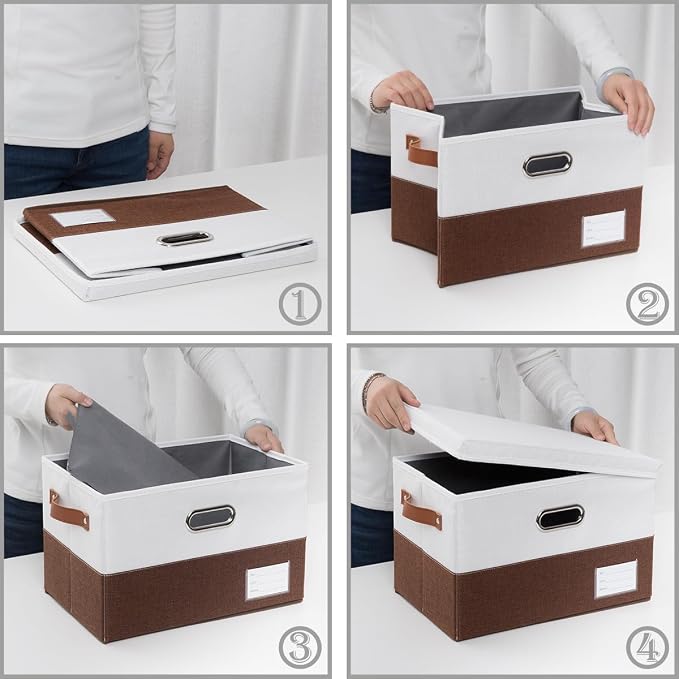 PRANDOM Foldable Storage Bins with Lids [3-Pack] Fabric Collapsible Storage Boxes Baskets Cubes Containers with Handles for Closet Living Room Bedroom (Brown & White 14.9x9.8x9.8'') - Image 6