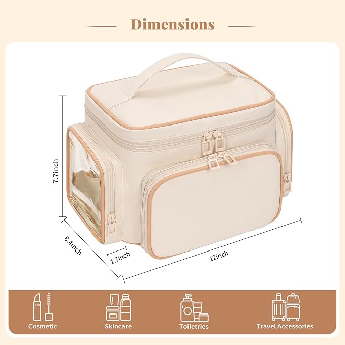 Bagmoly Large Makeup Bag, Portable Travel Makeup Bag Organizer for Women Girls with Makeup Brush Compartment & Two Side Pockets, Cosmetic Travel Bag Vertical Storage Toiletry - White - Image 6