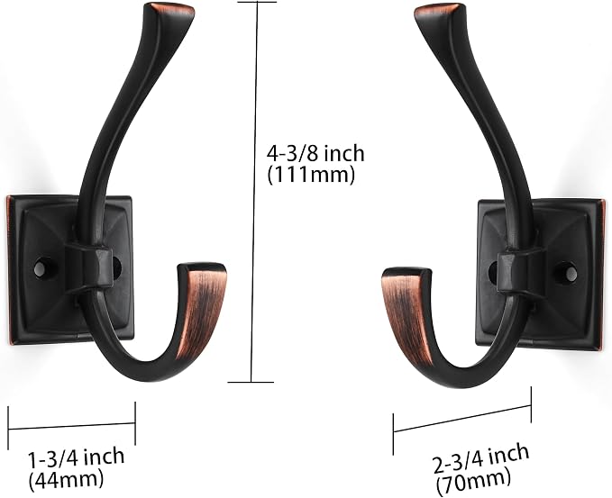 Large Wall Hooks 2 Pack Oil Rubbed Bronze Coat Hooks Hardware Towel Hooks for Hanging Coats 4.35 Inch Double Robe Hooks Wall Mounted with Screws for Key, Towel, Bags, Cup, Hat - Image 2