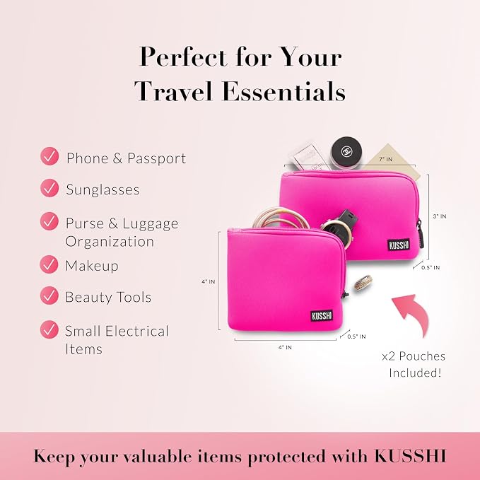 KUSSHI 2pc Neoprene On-The-Go Pouch Set - Passport Holder and Travel Zipper Makeup Pouch for Purse - Small Purse Pouch for Organization, Electronics, Glasses & Valuables (Pink) - Image 5