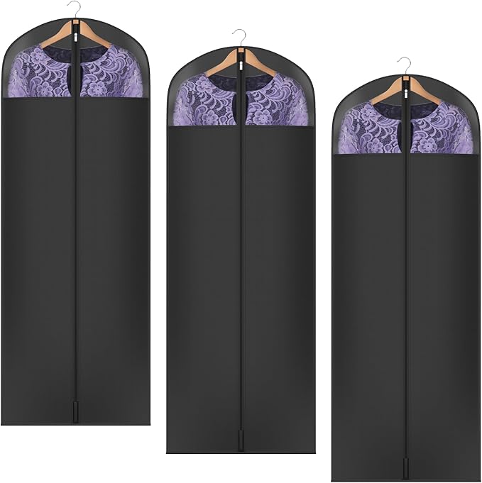 Univivi Long Garment Bags for Hanging Clothes, 65" Dress Bags for Gowns Long for Closet Storage with Large Visible Window for Long Suits, Coats, Dresses, 3 Pack, Black by Univivi
