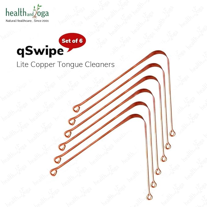 HealthAndYoga™ qSwipe Lite Copper Tongue Cleaners (Pack of 6) – Prevents Bad breath, Improves taste- Flexible, Curved ends provide good grip – Complete Oral Care/Hygiene for Travel/Office/Home