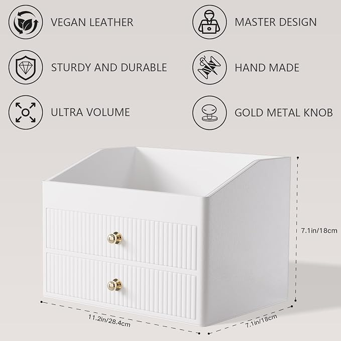 LADSTAG Makeup Organizer Countertop,Leather Makeup Storage with 2 Drawers,Large Capacity Beige White Make up Organizers for Counter,Bedroom,Bathroom,Birthday Gifts for Women - Image 4