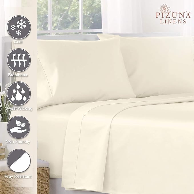 Pizuna Pure 100% Cotton Flat Sheets Only Full Ivory (1 PC), Luxurious 400 Thread Count Long Staple Cotton Sateen with 4inch Hem (Combed Full Flat Sheet Only Cotton) - Image 2