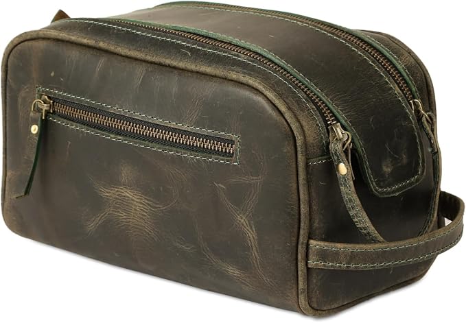 KomalC Leather Toiletry Bag for Men & Women – Handcrafted Travel Grooming Kit with Water-Resistant Lining and Secure Zipper Closure by KomalC