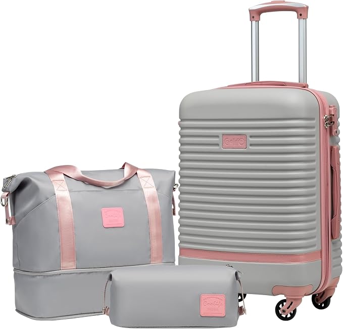 Coolife 3 piece luggage Carry On Suitcase TSA Lock,Gray Pink(DB/TB/20) | 360° Spinner Wheels;Convenient Trolley Sleeve;Water-Resistant Fabric;Fully-Lined Zipper Interior;Lightweight ABS by COOLIFE