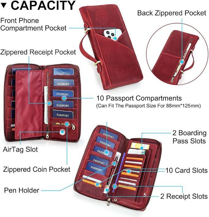 CONTACTS Family Passport Holder for 10 Full Grain Leather Compatible with Airtag Passport Holder Family Travel Document Organizer Multiple Rfid Blocking Passport Wallet (Red) - Image 4
