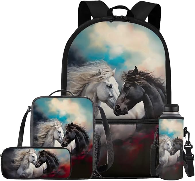 Horse Backpack for Boys Girls Backpack with Lunch Box Water Bottle Carrier with Strap and Soft Pencil Case 4PCS Set Bookbag with Front Pocket for School Teens 17 inch Large School Bag for Kids by ELEDIZI