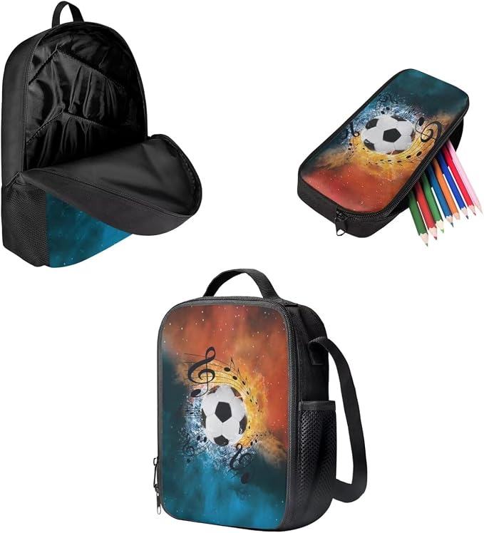 Mumeson Music Football School Bags Set 3 Pack Schoolbag Bookbag Organizer Satchel Day Pack and Heat Insulated Lunch Bag Pencil Case School Supplies Set - Image 2