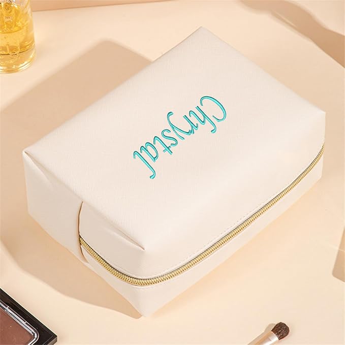 GOPHIE Personalized Embroidered Makeup Bag, Toiletry Bag for Women, Large Cosmetic Travel Bag, Gift For Bridesmaid, Beige - Image 3