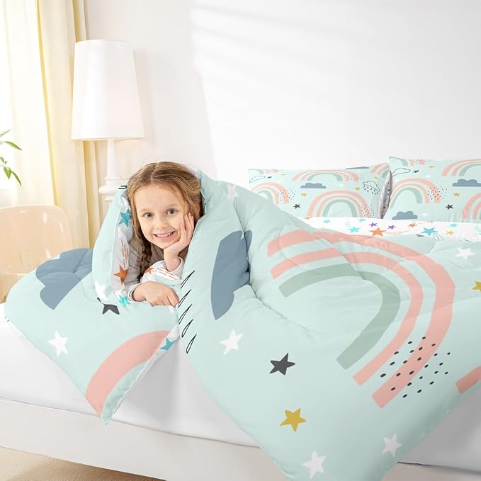 Rainbow Comforter Set For Girls, Cartoon Stars Cloud Quilt Kawaii Decor, Cute Rainbow Ripple Down Comforter For Kids Boys Child Women, Iridescent Stripes Bedding Set With 2 Pillow Cases, Full Size - Image 6