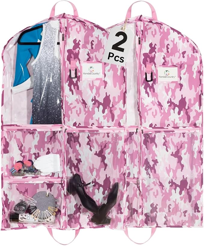 Waterproof Hanging Garment Bag 40 inch Clothes Bag with Gusset, 2 Pack, 5 Pockets & Side Zip for Dance Costumes, Cheer, Skating, Theatre, Beauty Pageants & More by Kendall Country, Camo Pink - Image 2
