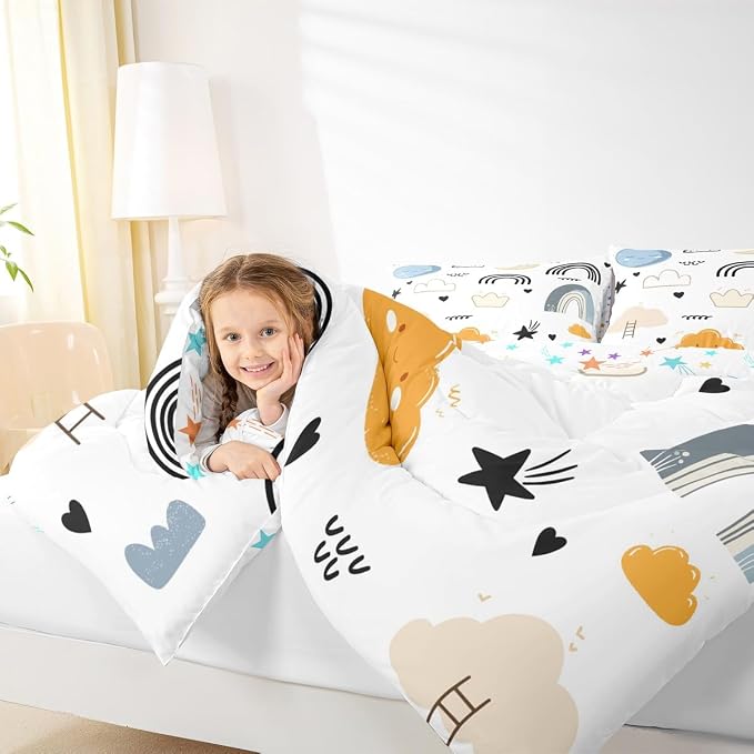 Erosebridal Cartoon Rainbow Comforter Set, Kids Kawaii Cartoon Sun Cloud Duvet Insert King, Love Heart Quilt for Boys Girls Children Teens, Hand Drawn Rainbow Bedding Set Soft Microfiber Comforter - Image 6