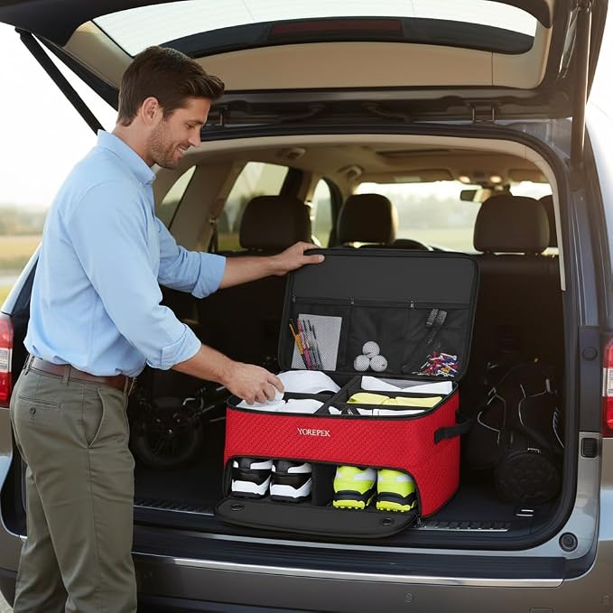 YOREPEK 2 Layer Golf Trunk Organizer, Golf Gifts for Men with Separate Ventilated Compartment for 2 Pair Shoes, Waterproof Car Trunk Locker for Balls, Tees, Clothes, Gloves, Gifts for Golfers - Image 3