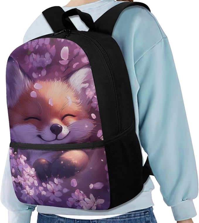 Cherry Blossom Fox Backpack for Girls Kids Backpack with Lunch Box Water Bottle Holder with Strap and Pencil Pouch 4PCS Bookbag with Front Pocket for School 17" Sturdy Elementary School Bag - Image 2