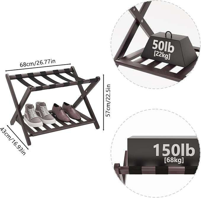 Smuxee Fully Assembled Brown Luggage Racks Pack of 2, Upgraded Bamboo Foldable Suitcase Stand with 5 Nylon Straps, Luggage Holder with Shelf for Guest Room Bedroom Hotel - Image 6