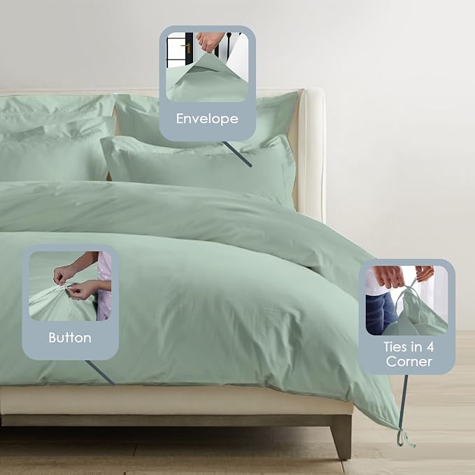 Pizuna Pure 100% Cotton Queen Duvet Cover Set, 1000 Thread Count Long Staple Cotton Thick Sateen Weave with Button Closure (Combed Sea Foam Cotton Duvet Cover Queen) - Image 3