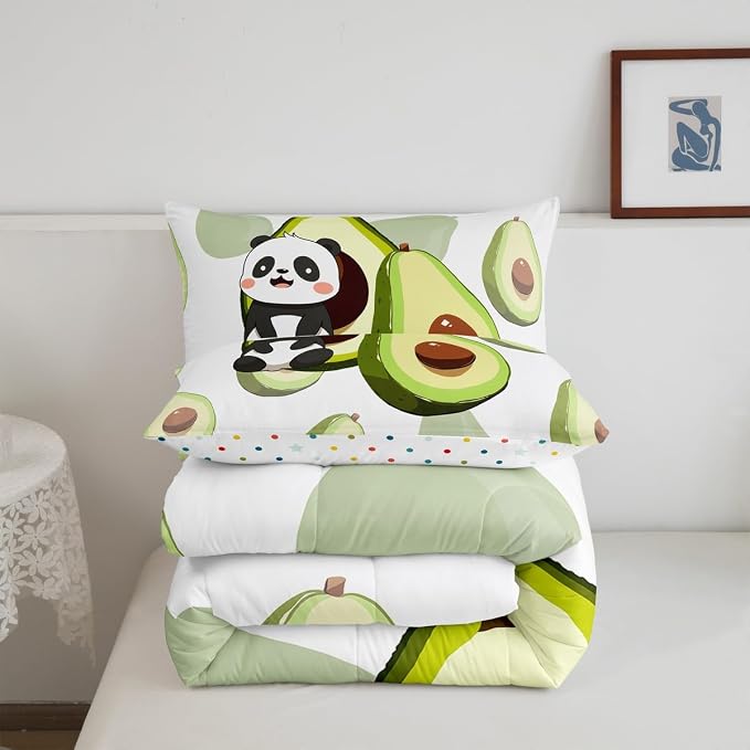 Erosebridal Panda Comforter Set Queen,Avocado Bedding Set Cute Black White Panda Bedding Bear Cat Bedding Comforter for Kids Boys Girls Green Tropical Fruit Quilt Duvet Set Room Decor 2 Pillow Cases - Image 7