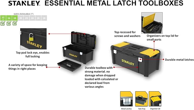 STANLEY Essential Tool Box (16in), Durable Storage Solution with Removable Tote Tray and Organisers, for Parts and Tools Storage, STST1-75518 - Image 7