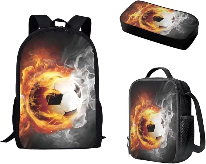 Mumeson 17" Backpack Kids School Travel Backpacks Satchel Casual Rucksack Daypack for Girls Boys,Football Print Casual Rucksack Backpack with Lunch Bag Messenger Tote Bag Pencil Bag 3 Pieces by Mumeson