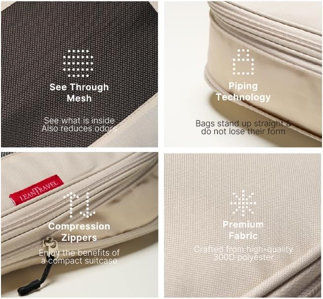 LeanTravel Premium Compression Packing Cubes for Travel - Suitcase Organizer Bags with Double Zipper & Breathable Mesh Panel - Space Saving Carry On Luggage Essentials (6-Pack, Sand) - Image 5