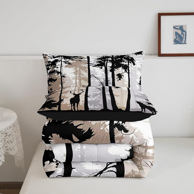 Erosebridal Rustic Deer Comforter Sets for Kids Boys Girls,Vintage Elk Antlers Duvet Insert Twin,Watercolor Trees Landscape Bedding Set,Woodland Animal Wolf Moose Quilt Comforter with 1 Pillowcase - Image 6