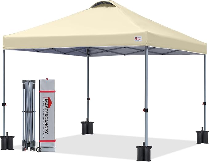 MASTERCANOPY 10x10 Pop Up Canopy Tent, 1 Person Setup Instant Shelter,Outdoor Portable Beach Canopy with Roller Bag, 4 Sandbags, 4 Ropes, 8 Stakes (10x10, Beige) by MASTERCANOPY