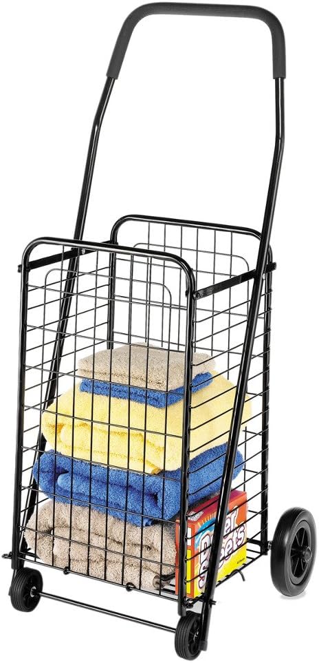 Whitmor Foldable Utility Shopping Cart with Wheels, Heavy Duty Metal Grocery Cart, Portable Foam Handle, Rolling Collapsible Trolley for Groceries, Laundry, Storage, Black - Image 2