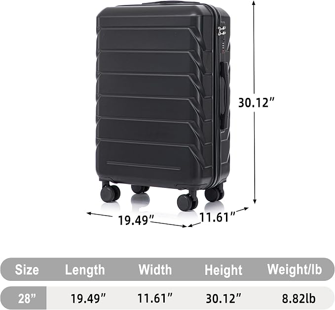 GDFStudio 28" ABS Hardshell Checked Luggage, Large Capacity Travel Suitcase with Scratch Resistant Surface, 360° Silent Spinner Wheels, Combination Lock, Telescopic Handle and Side Hooks, Black - Image 2
