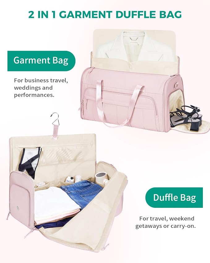 WANDF Convertible Garment Bags for Travel with Wet Pocket Carry on Garment Duffle Bag 2 in 1 Puffy Hanging Clothes Travel Bags with Shoe Compartment for Airplanes Business Weekend Gym Wedding (Pink) - Image 3