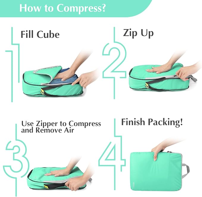 Gonex Compression Packing Cubes, 4pcs Expandable Storage Travel Luggage Bags Organizers (Mint Green) - Image 7