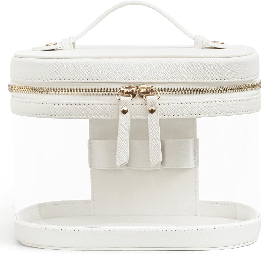 Popvibe Clear Makeup Train Case Vanity Bag Make Up Travel Bag with Brush Holder, Compact Transparent Makeuo Bag for Traveling Leather Cosmetic Case Portable Travel Essentials Toiletry Organizer White by POPVIBE