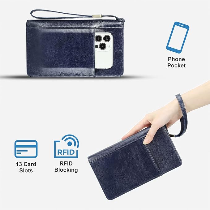 CONTACTS Passport Wallet Leather Family Passport Holder for 4 Travel Documents Organizer RFID Blocking Zipper Blue Card Wallet with 13 Card Slot - Image 8