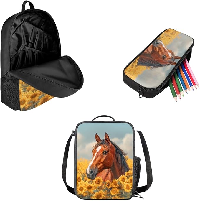 Mumeson Horse Sunflower Backpack Set for Women Girls Teen School, Big Capacity Bookbag Rucksack with Insulated Lunch Bag and Small Pencil Case, 3 Piece Back to School Supplies Set - Image 2