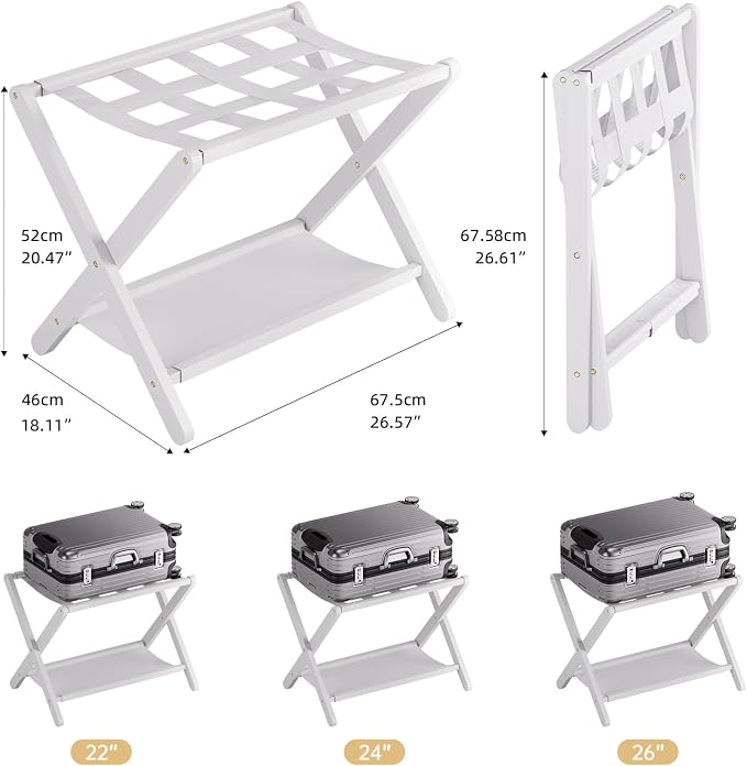 HITNET White Luggage Rack, Set of 2, Folding Suitcase Stand with Storage Shelf, Bamboo Luggage Holder with 5 Nylon Straps for Guest Room Bedroom Hotel - Image 4