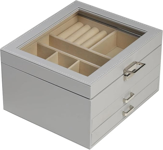 BOOVO Clear Lid Jewelry Box,3 Layers Jewelry Organizer Large Jewelry Storage Box with 2 Drawers,Jewelry Holder Organzier of Rings Earrings Necklace Bracelets for Women (Grey, 3 Layer) by BOOVO