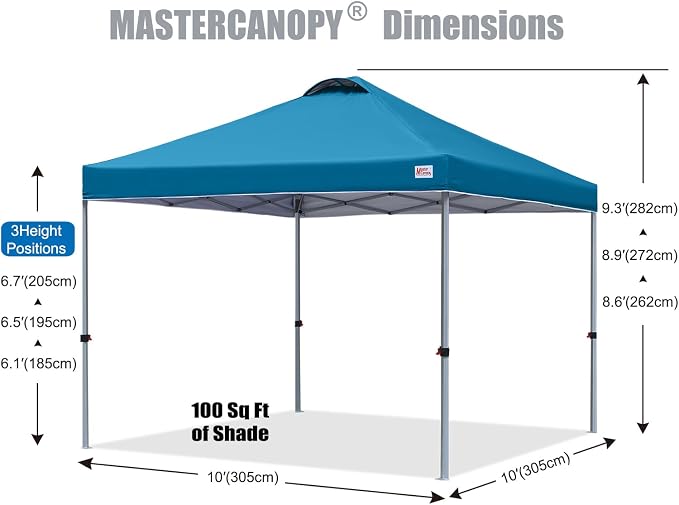 MASTERCANOPY 10x10 Pop Up Canopy Tent, 1 Person Setup Instant Shelter,Outdoor Portable Beach Canopy with Roller Bag, 4 Sandbags, 4 Ropes, 8 Stakes (10x10, Cyan Blue) - Image 2
