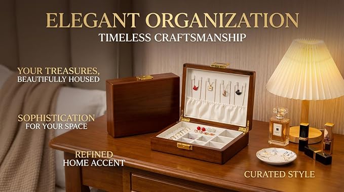 Solid Black Walnut Jewelry Box with Lock and Key Large Capacity Vintage Wooden Organizer for Women and Men Ring Necklace Earring Cufflink Storage Removable Dividers Gift for Christmas - Image 6