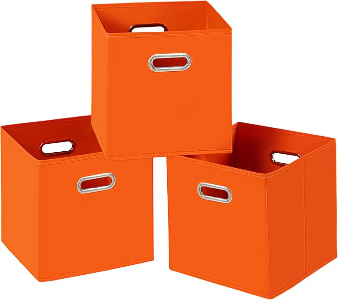 Fabric Cloth Storage Bins,Fabric Cube Bins Organizer with Dual Handles Foldable Cube Storage Baskets for Home Bedroom Storage,Set of 3,(Orange) by SEVENDOME