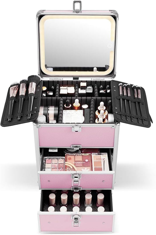 Qislee Makeup Box with Detachable Magnetic LED Mirror, Travel Train Case | Cosmetic Organizer, 2 Drawers for Skincare Products, Nail Polish, Waterproof Hard Makeup Case, Gift for Women, ICY Pink by Qislee