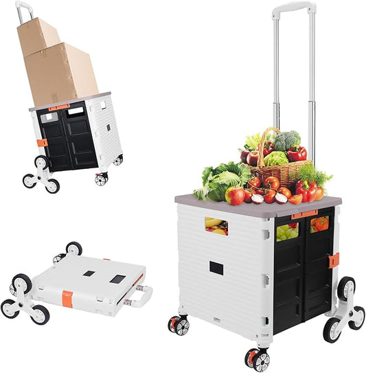 FELICON SELORSS Folding Utility Climber Cart Portable Rolling Crate-White | Stair Climbing Wheels+360°Swivel Wheels,Telescoping Handle,Plastic Box Dolly for Travel Shop Move Laundry Office Teacher Use by FELICON