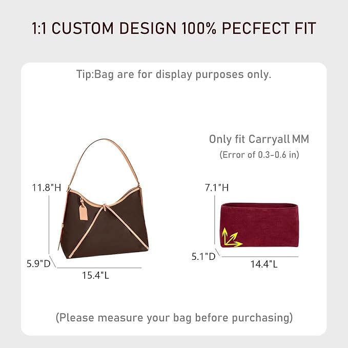 Velvet Purse Organizer Insert Compatible with Lv Carryall MM Insert Organizer and More, Bag Insert Divider Shaper for Tote Handbags(MM,Wine-Red) - Image 2
