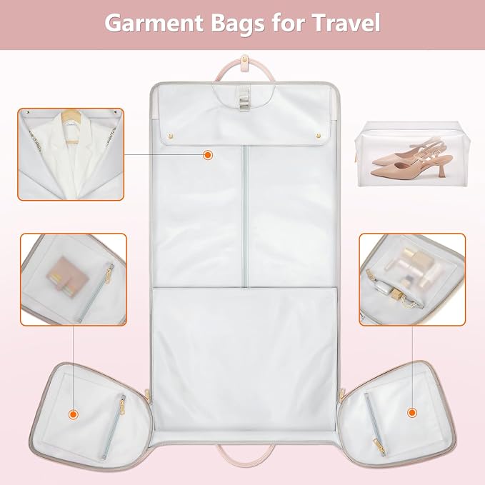 Garment Bags for Travel, Convertible Suit Travel Bag for Women, Fashion & Cute Carry On Garment Bag w/Shoes Pouch, 2 in 1 Foldable PU Leather Hanging Duffle Bag, Single-Zipper Design, Pink - Image 4