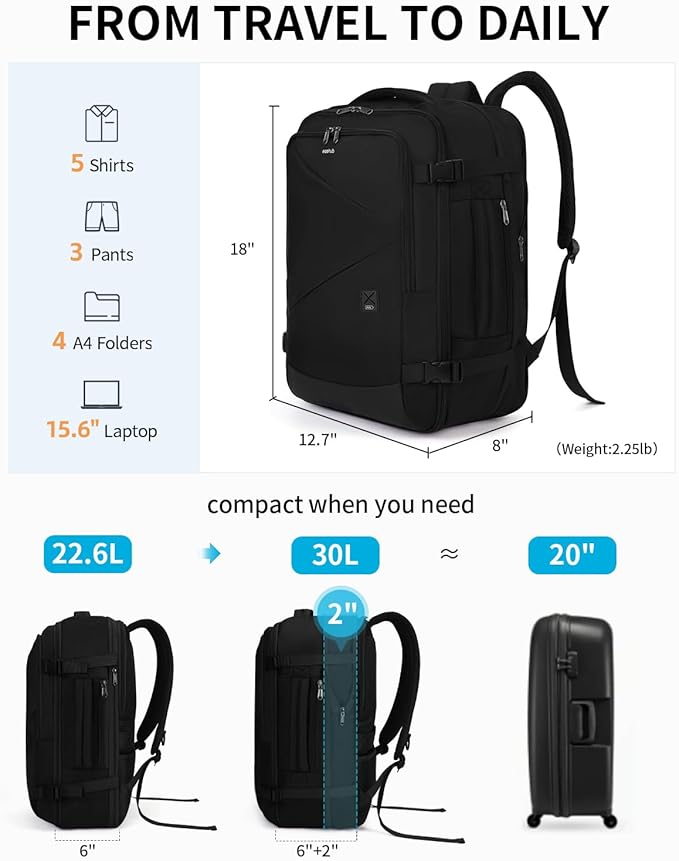 ECOHUB Carry On Travel Backpack, Expandable Airlines Personal Item Bag 18x14x8, Water Resistant 17 inch Laptop Backpack Flight Approved, 12 Pockets 30L Work Backpacks with Wet Pocket & Cable Slot - Image 3
