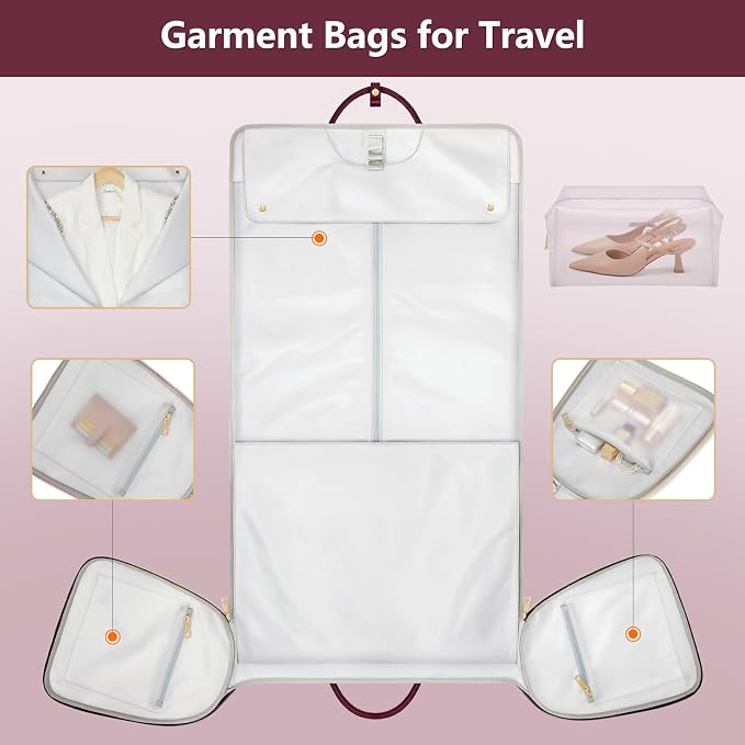 Garment Bags for Travel, Convertible Suit Travel Bag for Women, Cute Carry On Garment Bag w/Shoes Pouch, 2 in 1 Foldable PU Leather Hanging Duffle Bag, Single-Zipper Design, Sangria - Image 4