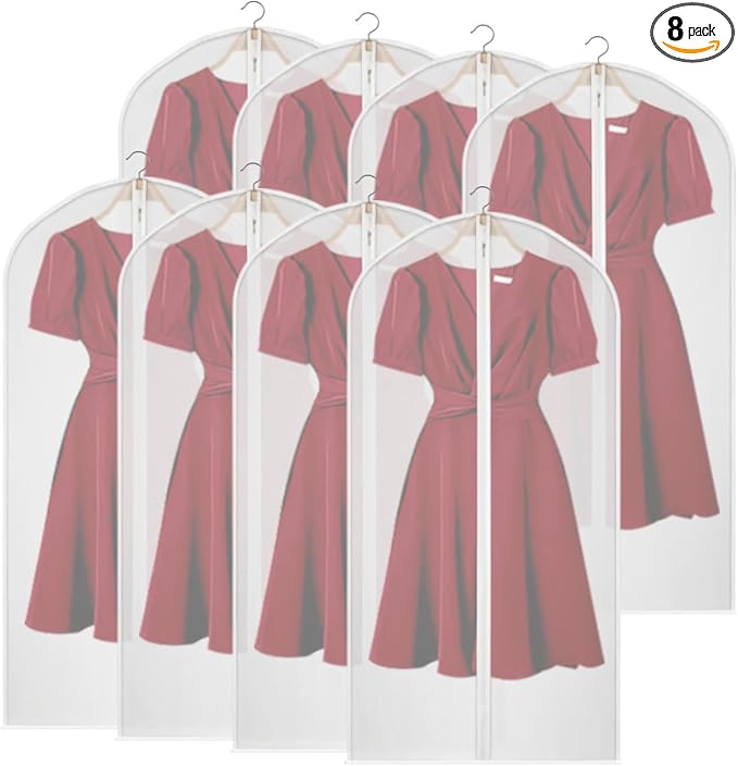 Clear Garment Bags for Closet Storage Suit Bag Set of 8 Hanging Clothes Cover Dress Bag Dust-Proof with Zipper for Suit, Coat, Long Dresses Clothes Storage 24” x50” by Kntiwiwo