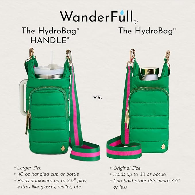 WanderFull Original HydroBag Handle® | Large Water Bottle Holder with Strap & Zipper Slot for Handle | Crossbody Tumbler Carrier Bag with Organizer Pockets | Kelly Green, Pink & Green Striped Strap - Image 6