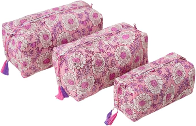Saffron Marigold Quilted Makeup Bag Set of 3, Hand Block Printed Cotton Cosmetic Bags for Women, Waterproof Lined Travel Toiletry Bag, Coquette Floral Aesthetic, Handmade Gift, Lavendar & Rose Milk by SaffronMarigold