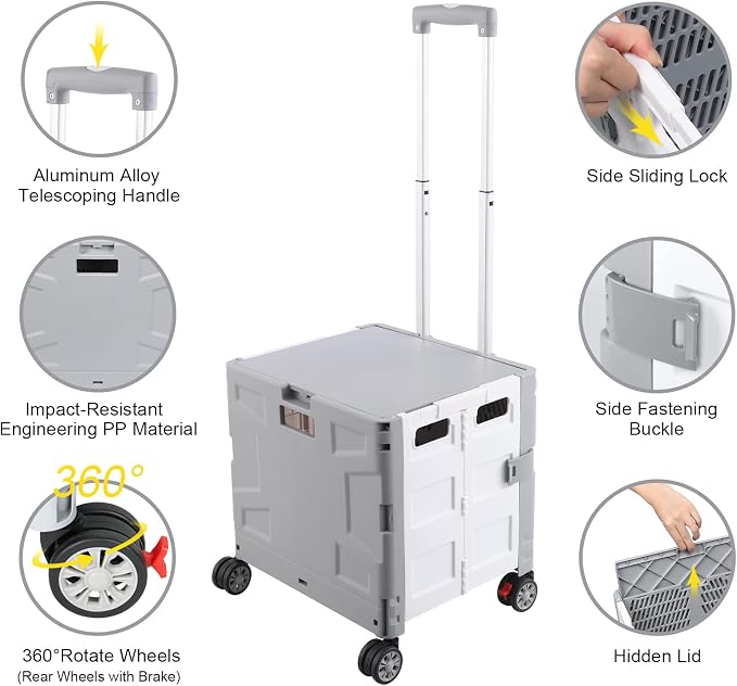 FELICON Folding Utility Cart Rolling Crate Handcart Basket Tote-Gray+White | Collapsible Hidden Lid,Plastic Box,Telescoping Handle,4 Rotate Wheels for Travel Shop Move Grocery Laundry Office Teacher Use - Image 2