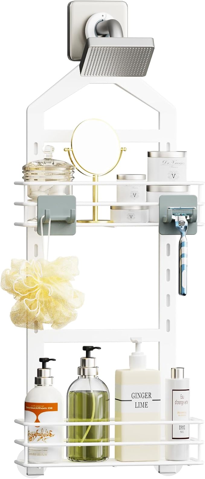 Orimade Adjustable Anti-slip Shower Caddy over Shower Head, Rustproof Bathroom Hanging Shower Organizer with 2 Hooks for Razor, No Drilling Shelves Storage Rack 2 Tier, White by Orimade